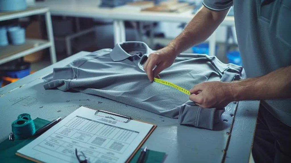 Quality inspector measuring a finished woven shirt against the approved specification at a partner factory in Bangladesh